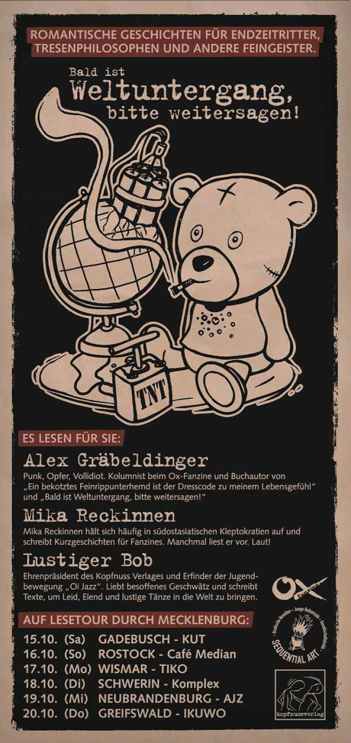 Flyer: BALD IST WELTUNTERGANG, BITTE WEITERSAGEN